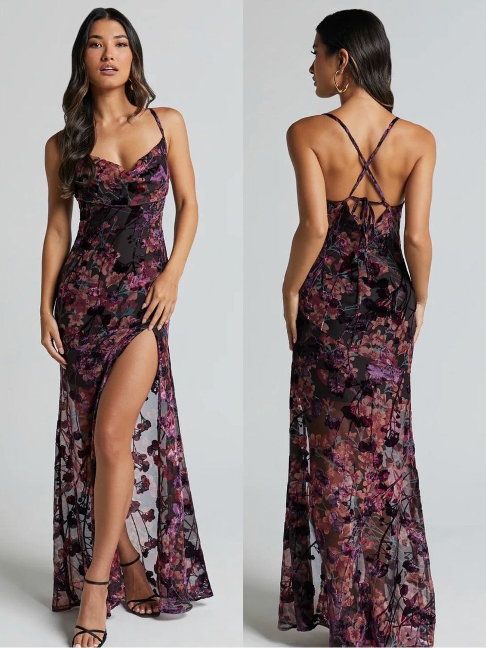 SHOWPO NWT ALETTA MAXI DRESS Cowl Cross Back Dress In Burn Out Floral Sz US 0